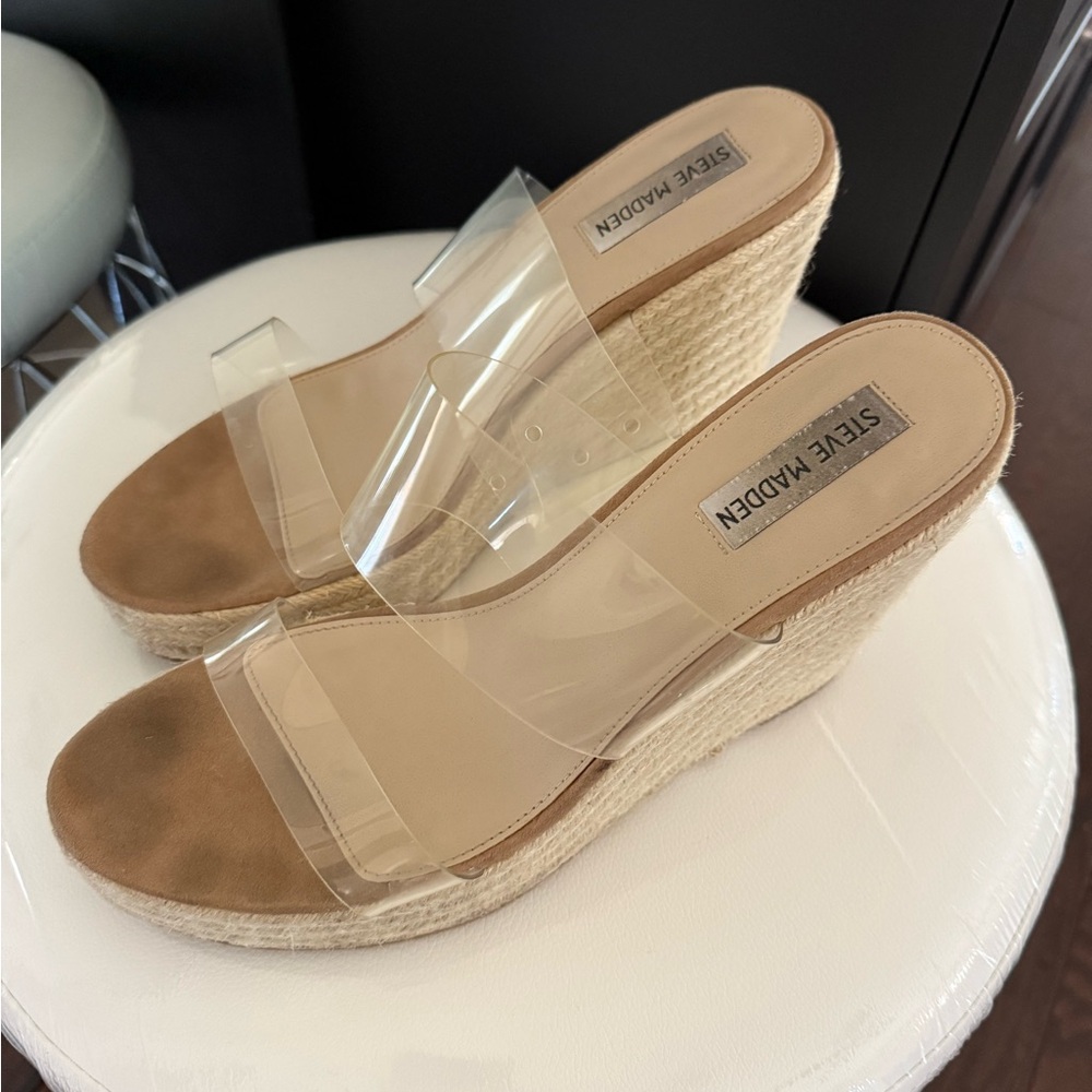 Steve Madden Clear and Tan Wedge Sandals
